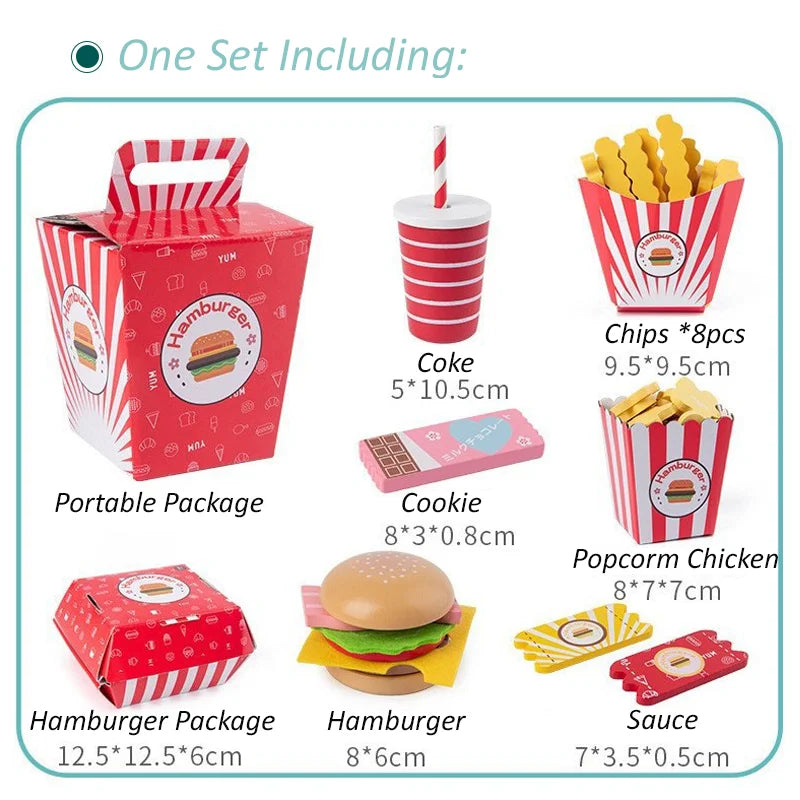 Wooden Hamburger & Fries Play Set - Interactive Montessori Kitchen Toy for Kids