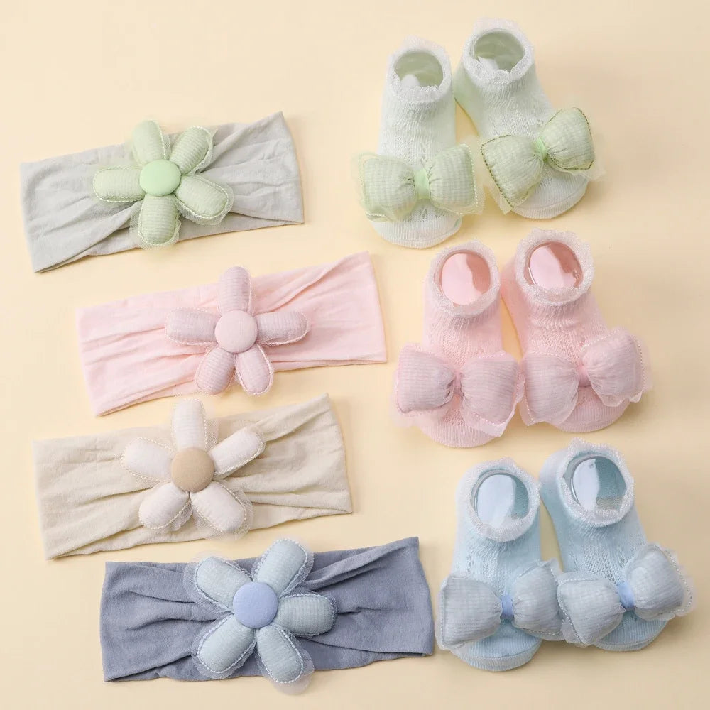 Adorable Baby Socks and Flower Headband Set - 2pcs Candy Color Bow Accessories for Newborns