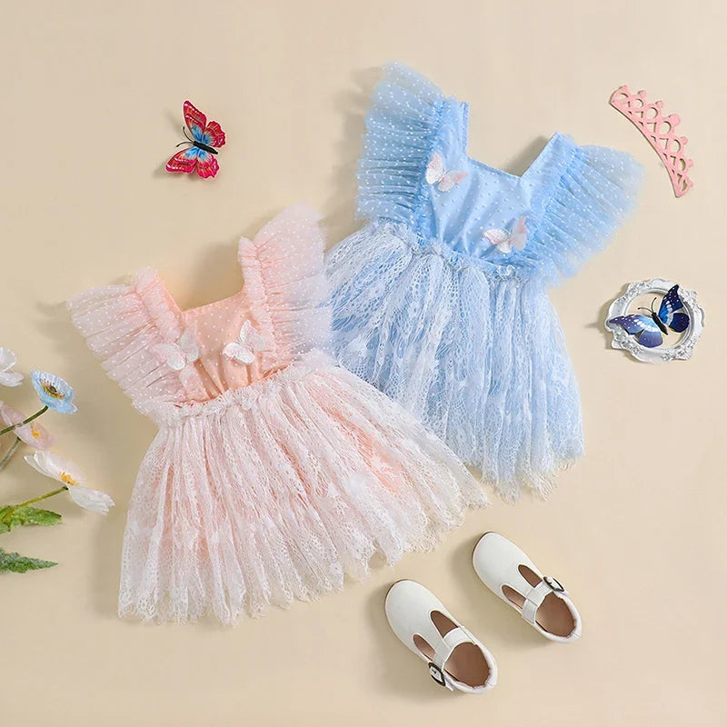 Adorable Baby Girl Summer Romper with Butterfly Embellishments and Swiss Dot Lace for Newborns
