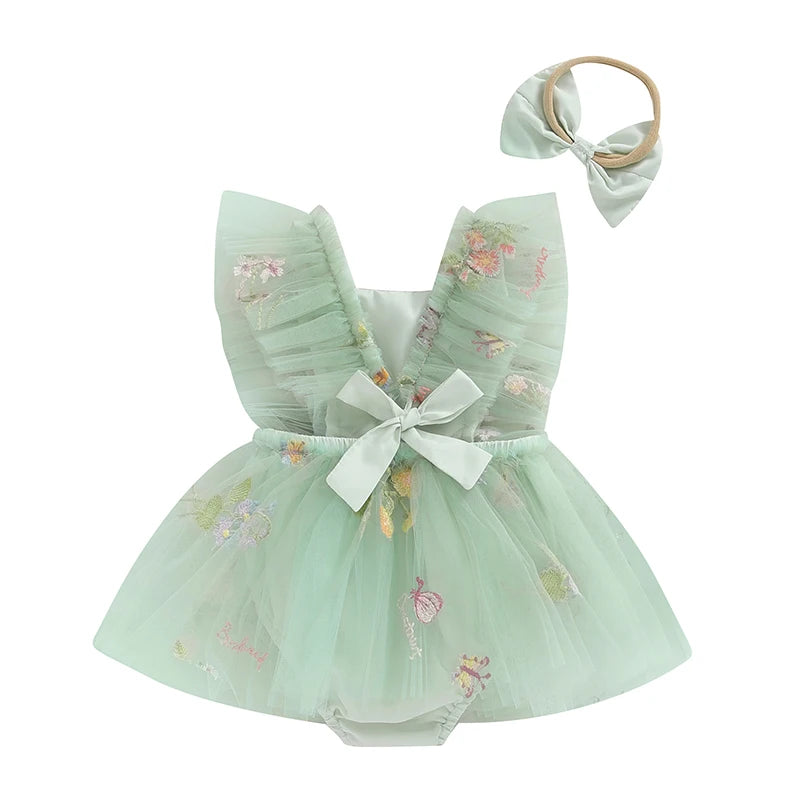 Adorable Baby Girls Floral Embroidery Jumper Dress with Matching Headband - Summer Casual Outfit