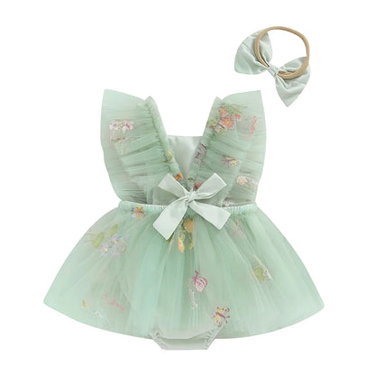 Adorable Baby Girls Floral Embroidery Jumper Dress with Matching Headband - Summer Casual Outfit