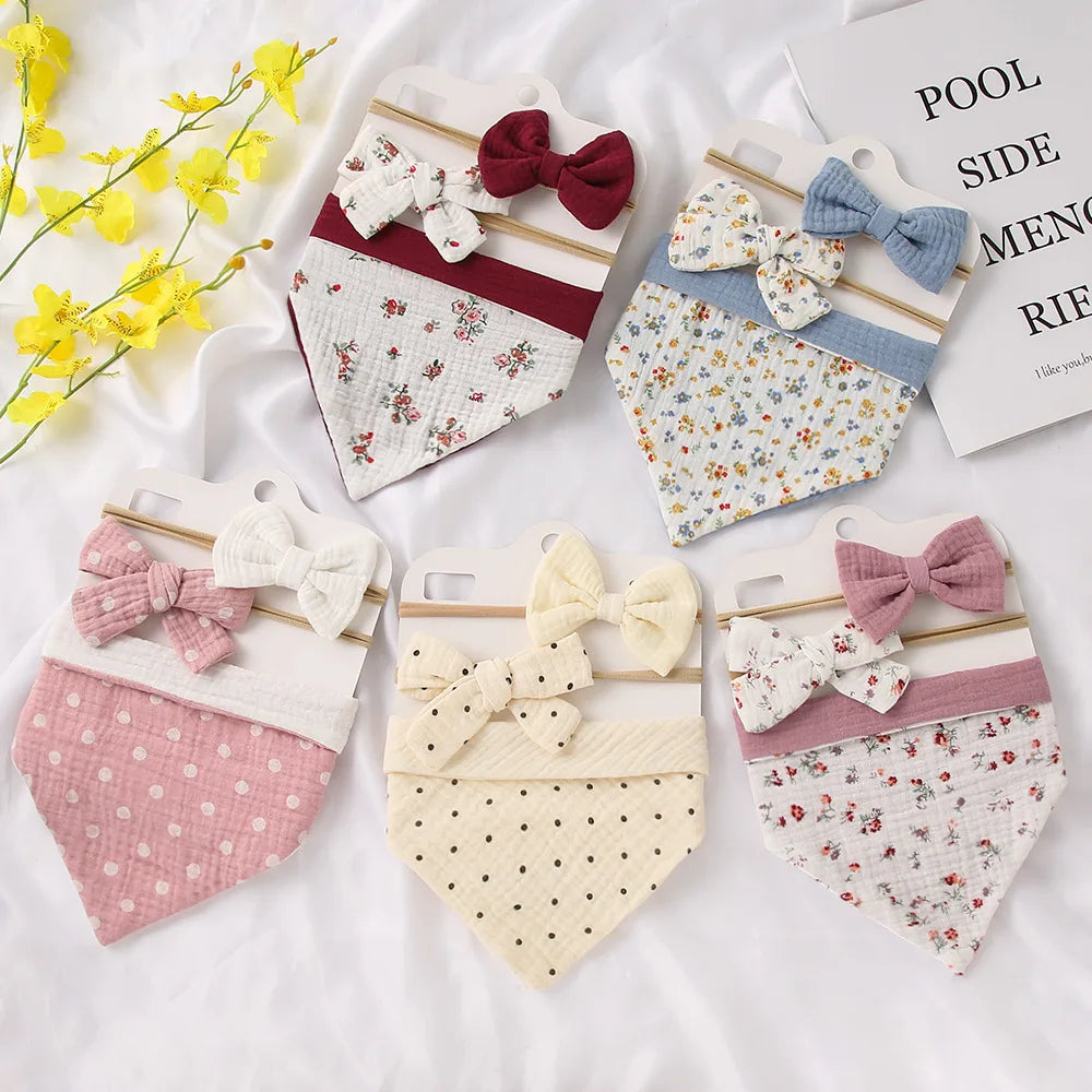 3-Piece Muslin Cotton Baby Bib and Bow Headband Set - Adjustable Triangle Saliva Towel for Infants and Toddlers