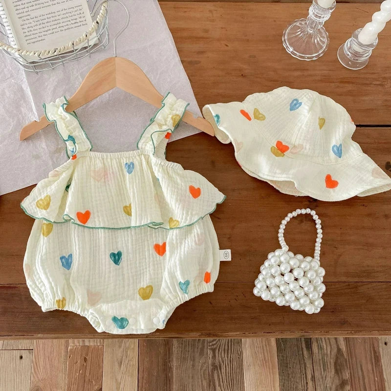 Summer Floral Muslin Baby Romper Set with Hat - Sweet Heart Print Sleeveless Jumpsuit for Newborns and Toddlers