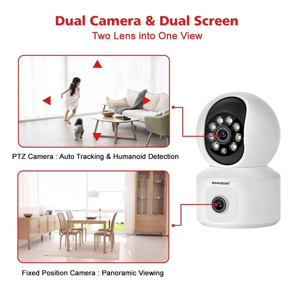 4MP HD WiFi PTZ Baby Monitor Camera with Dual-Lens, Dual-Screen, Auto Tracking, and Human Detection - ONVIF Security Surveillance System