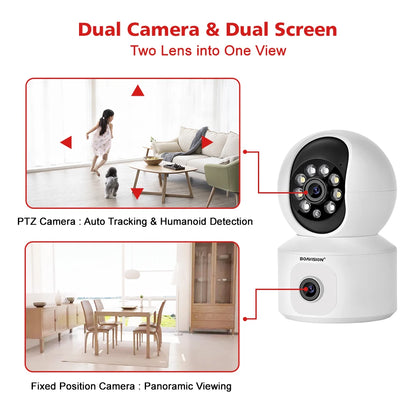 4MP HD WiFi PTZ Baby Monitor Camera with Dual-Lens, Dual-Screen, Auto Tracking, and Human Detection - ONVIF Security Surveillance System