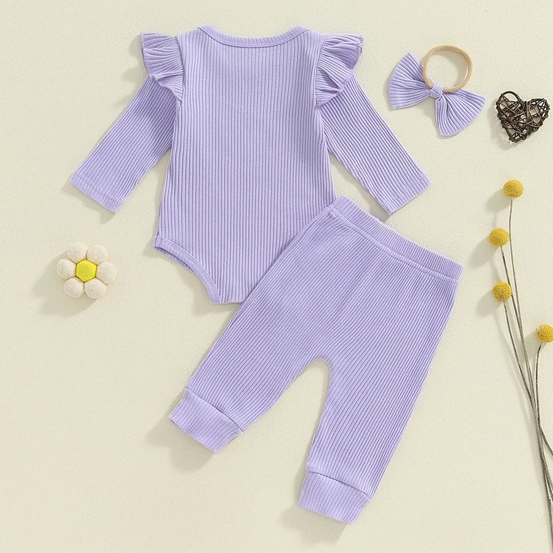 Adorable Baby Girls Ribbed 3-Piece Set with Letter Print Romper, Long Trousers, and Matching Hair Band