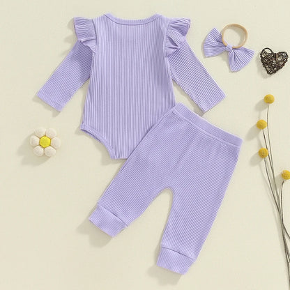 Adorable Baby Girls Ribbed 3-Piece Set with Letter Print Romper, Long Trousers, and Matching Hair Band