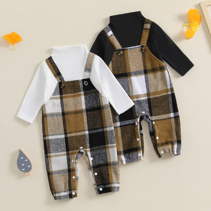Unisex Baby Plaid Jumpsuit with Turtle Neck and Long Sleeves - Fall Overall Romper for Newborns