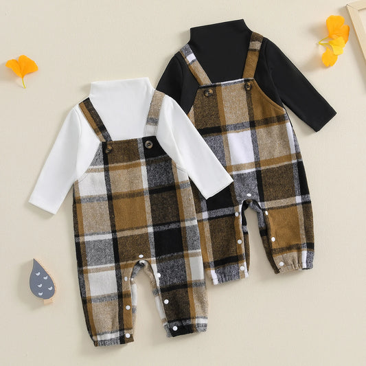 Unisex Baby Plaid Jumpsuit with Turtle Neck and Long Sleeves - Fall Overall Romper for Newborns