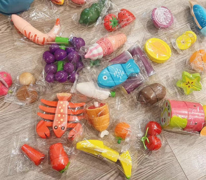 Wooden Pretend Play Kitchen Toy Set: Cutting Vegetables, Fish & Meat for Creative Learning and Fun