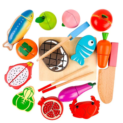 Wooden Pretend Play Kitchen Toy Set: Cutting Vegetables, Fish & Meat for Creative Learning and Fun
