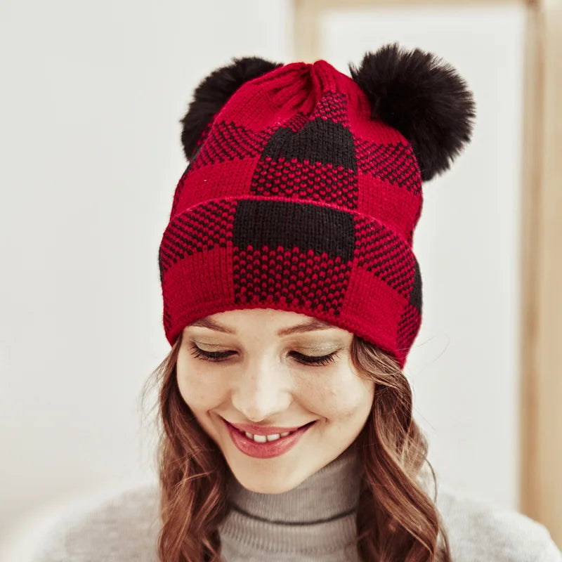 Parent-Child Christmas Hat Big Pompom Mother Kids Knit Beanie Cap Winter Warm Infant Bonnet Girls Boy Xmas Gift Baby Accessories