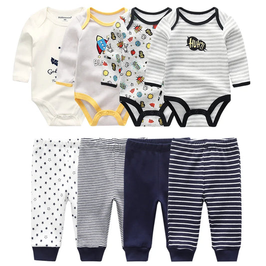 4-Pack Unisex Baby Bodysuits and Pants Set - 2022 Winter Cotton Outfits for Newborns