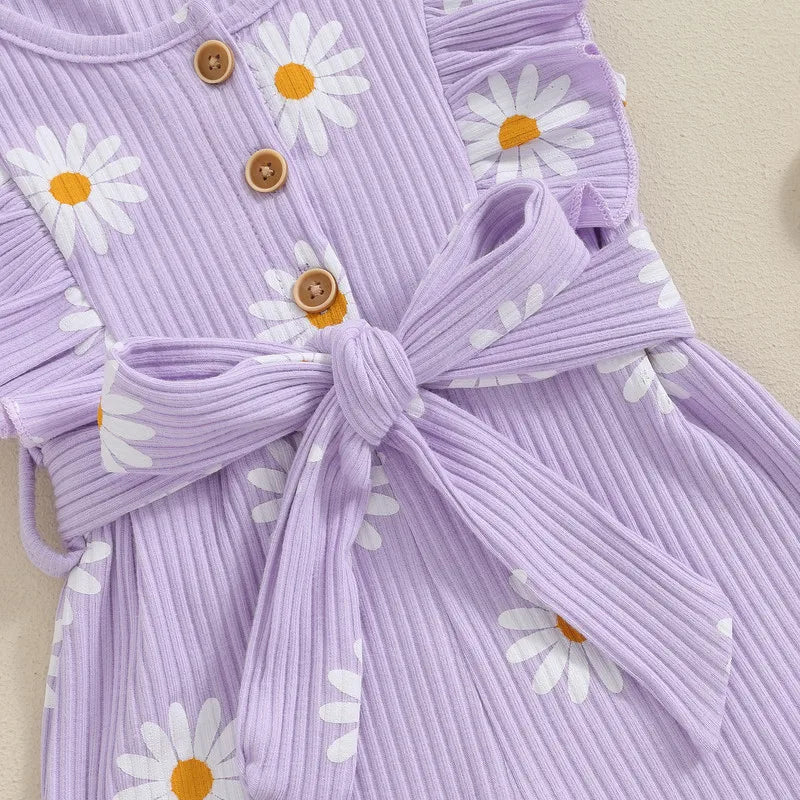 Summer Daisy Print Girls' Sleeveless Romper with Ruffled Sleeves and Belt