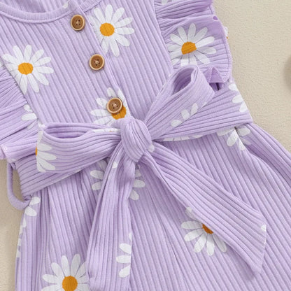 Summer Daisy Print Girls' Sleeveless Romper with Ruffled Sleeves and Belt
