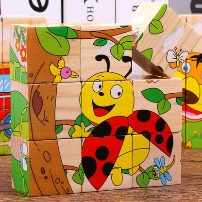 9-Piece Colorful 3D Wooden Cube Jigsaw Puzzle for Kids - Educational Fun and Developmental Toy