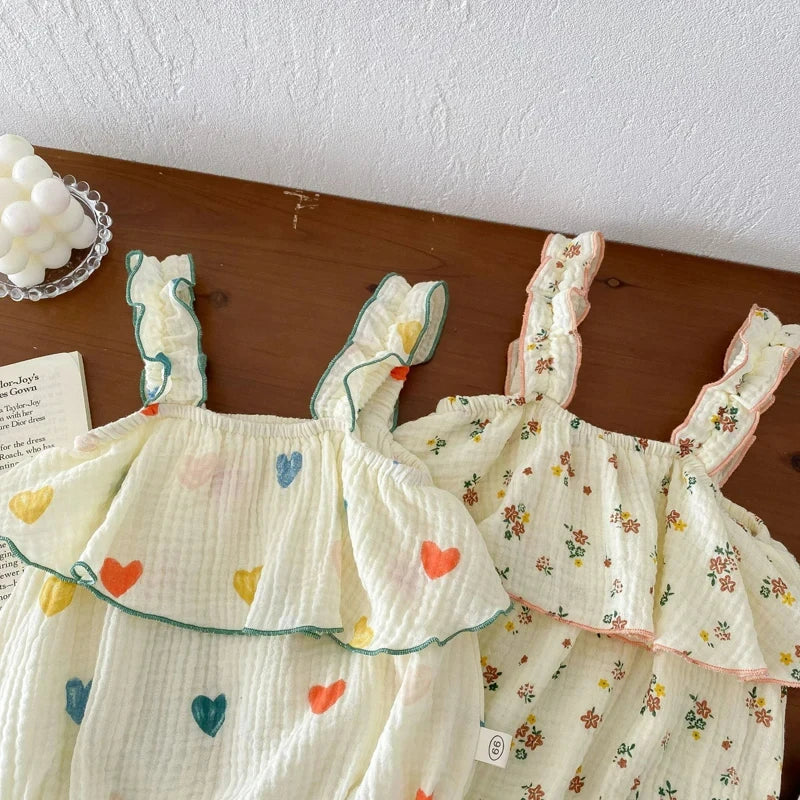 Summer Floral Muslin Baby Romper Set with Hat - Sweet Heart Print Sleeveless Jumpsuit for Newborns and Toddlers