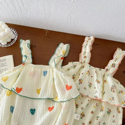 Summer Floral Muslin Baby Romper Set with Hat - Sweet Heart Print Sleeveless Jumpsuit for Newborns and Toddlers