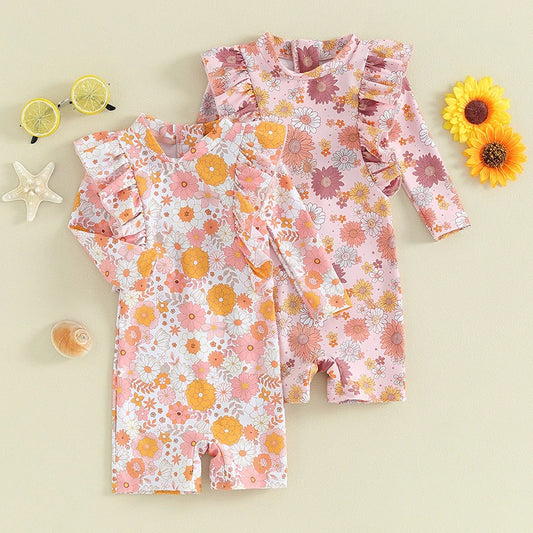 Toddler Girls' Summer Floral Ruffle One-Piece Swimsuit with Long Sleeves and Jumpsuit Style