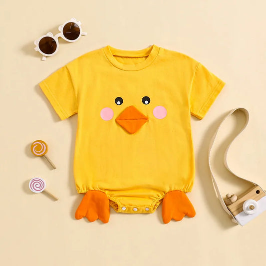 Adorable Summer Cartoon Chick Romper for Newborns - Short Sleeve Jumpsuit for Boys and Girls