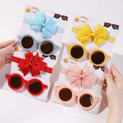 Sunflower Bow Headband and Sunglasses Set for Kids - Retro Round Heart Glasses and Hair Clip Combo for Girls Aged 4-6Y