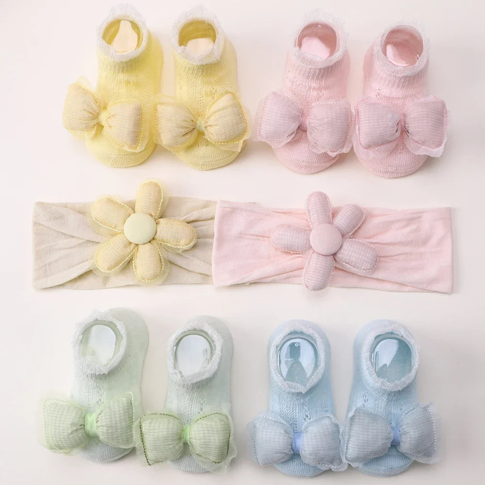 Adorable Baby Socks and Flower Headband Set - 2pcs Candy Color Bow Accessories for Newborns