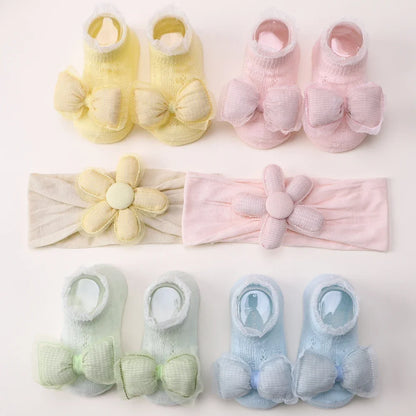 Adorable Baby Socks and Flower Headband Set - 2pcs Candy Color Bow Accessories for Newborns
