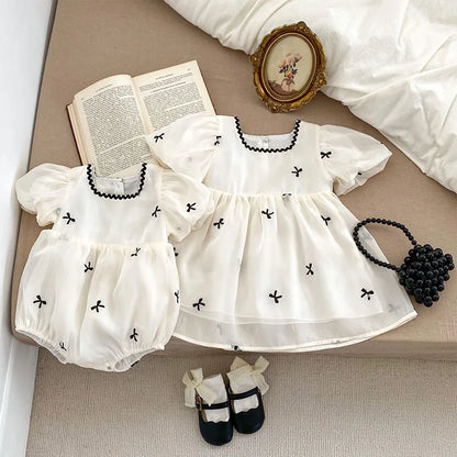 Summer Sisters Infant Bow Puff Sleeve Dress - Breathable Newborn Romper for Girls, Perfect for Summer Gifts