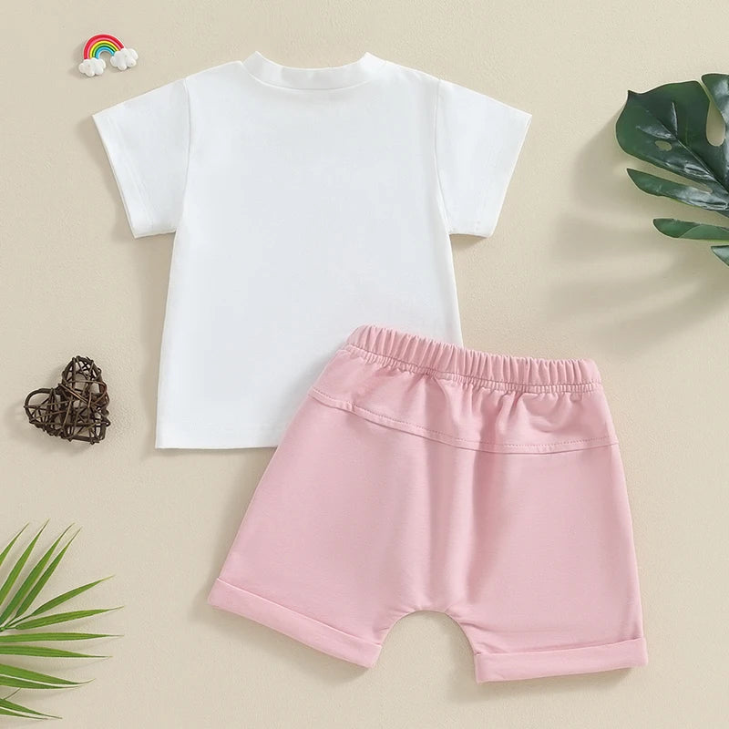 Toddler Summer Outfit Set for Baby Girls - Letter Print T-Shirt and Elastic Waist Shorts
