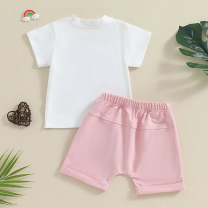 Toddler Summer Outfit Set for Baby Girls - Letter Print T-Shirt and Elastic Waist Shorts