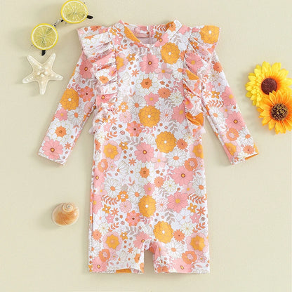Toddler Girls' Summer Floral Ruffle One-Piece Swimsuit with Long Sleeves and Jumpsuit Style