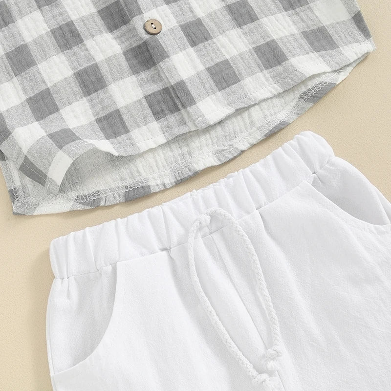 Summer Plaid Short Sleeve Top & Elastic Waist Shorts Set for Toddler Boys