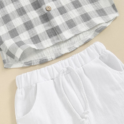 Summer Plaid Short Sleeve Top & Elastic Waist Shorts Set for Toddler Boys